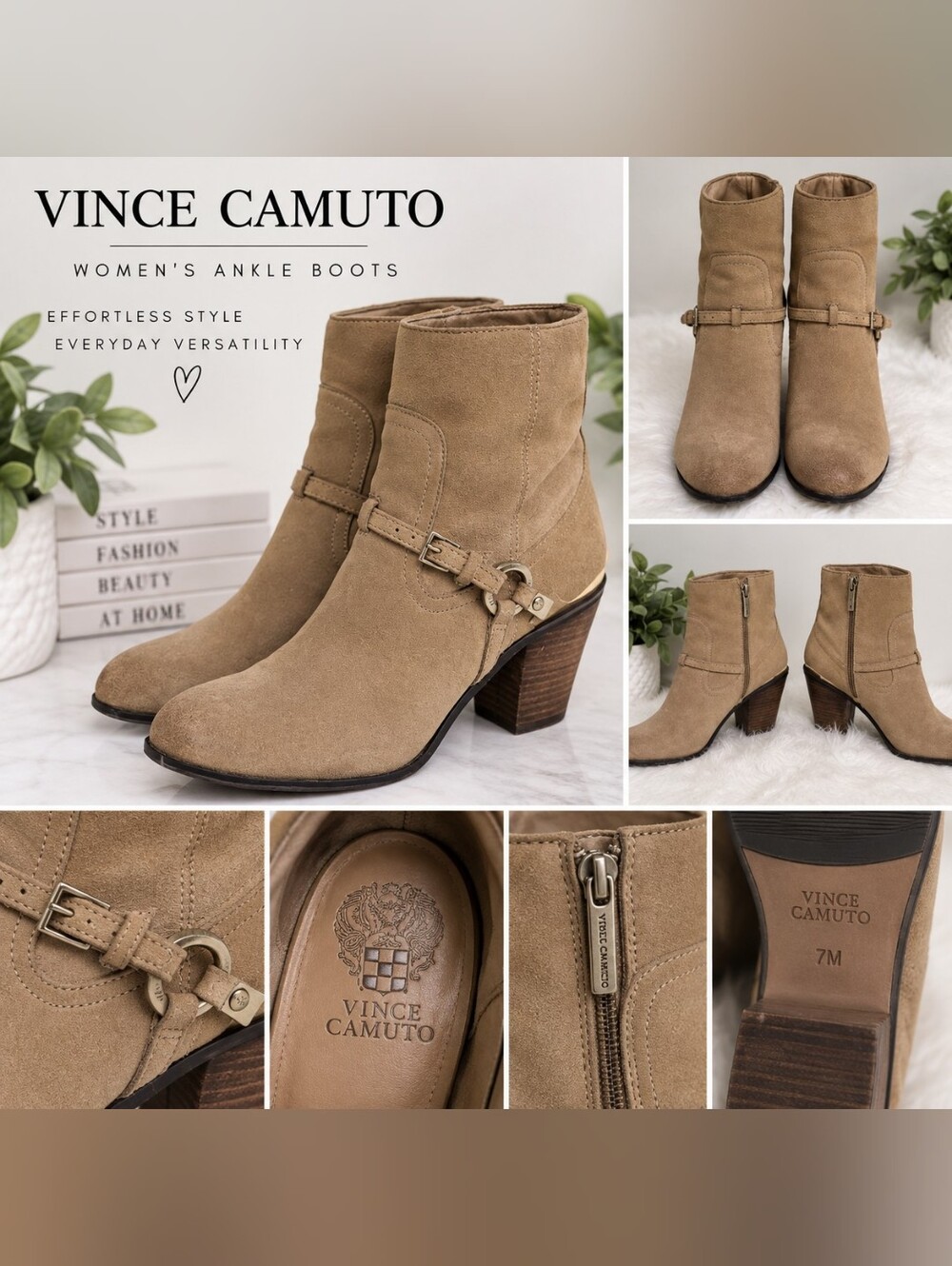 Vince Camuto Beige Suede Ankle Booties with Buckle Accent